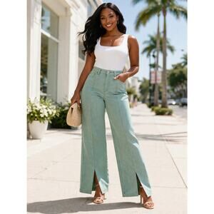 Cinq á Sept Shans Pant Light Marine Green Size 8 NWT Wide Leg Split Hem Jeans